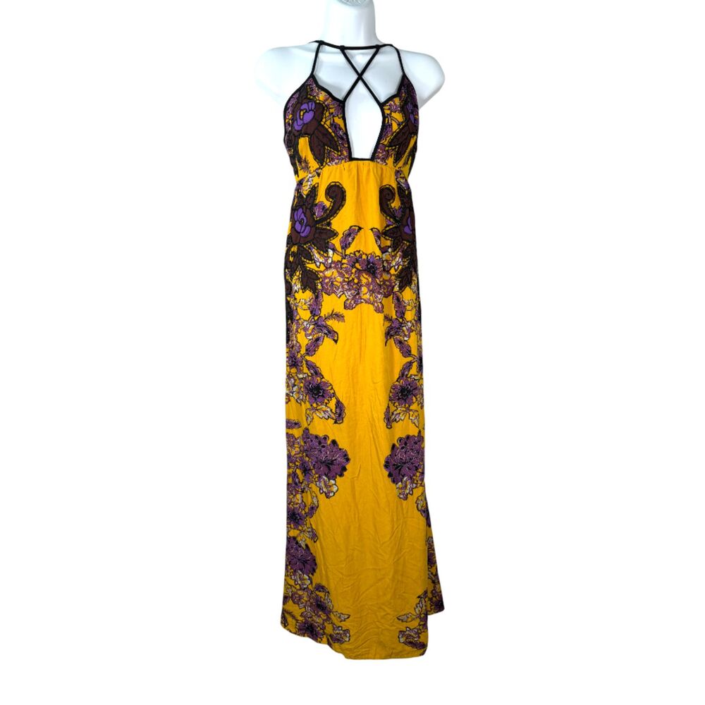 Free People Cantik Yellow Purple Boho Bohemian Open Back Maxi Dress Size Small